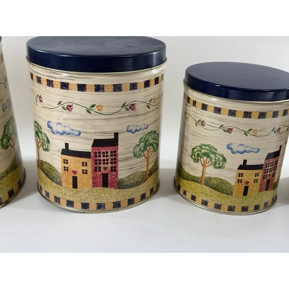 Vintage 90's Cottagecore Nesting Tin Canisters Floral Pattern Country House Blue